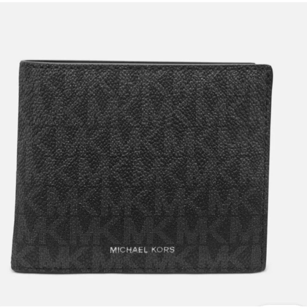 New Michael Kors Signature Logo Black Bifold Wallet Mason